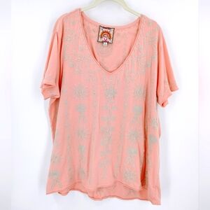 Johnny Was Makana Embroidered Short Sleeve Tunic Top Pink V Neck Relaxed Fit XL